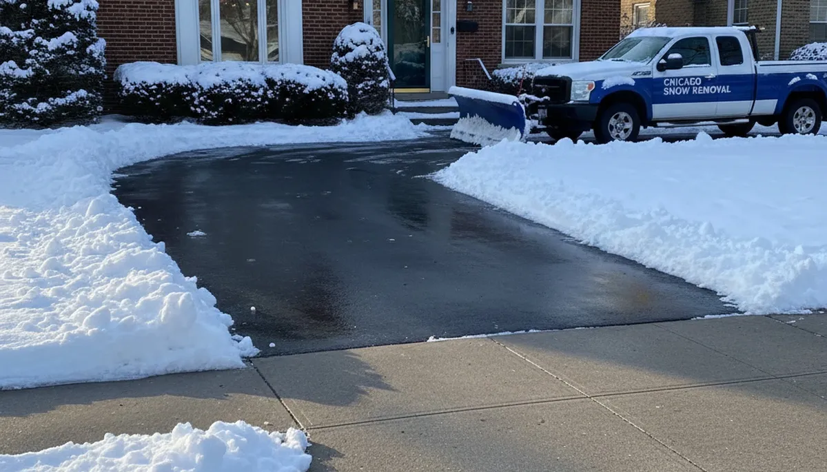 Cleared residential driveway after professional snow removal by landscaping experts in Chicago, IL