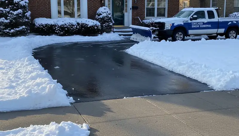Cleared residential driveway after professional snow removal by landscaping experts in Chicago, IL