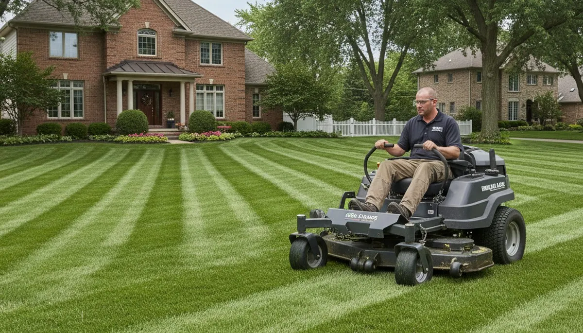 Commercial mower creating clean striped lawn patterns during professional mowing in Chicago, IL