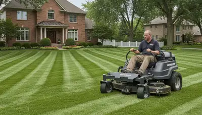 Commercial mower creating clean striped lawn patterns during professional mowing in Chicago, IL