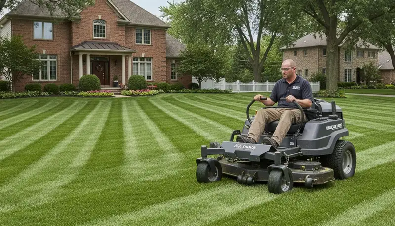 Commercial mower creating clean striped lawn patterns during professional mowing in Chicago, IL
