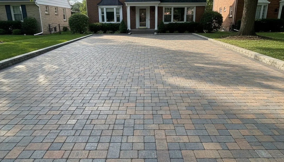 Completed interlocking paver driveway installation by professional landscapers in Chicago, IL