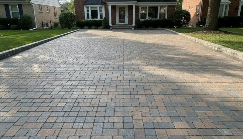 Completed interlocking paver driveway installation by professional landscapers in Chicago, IL