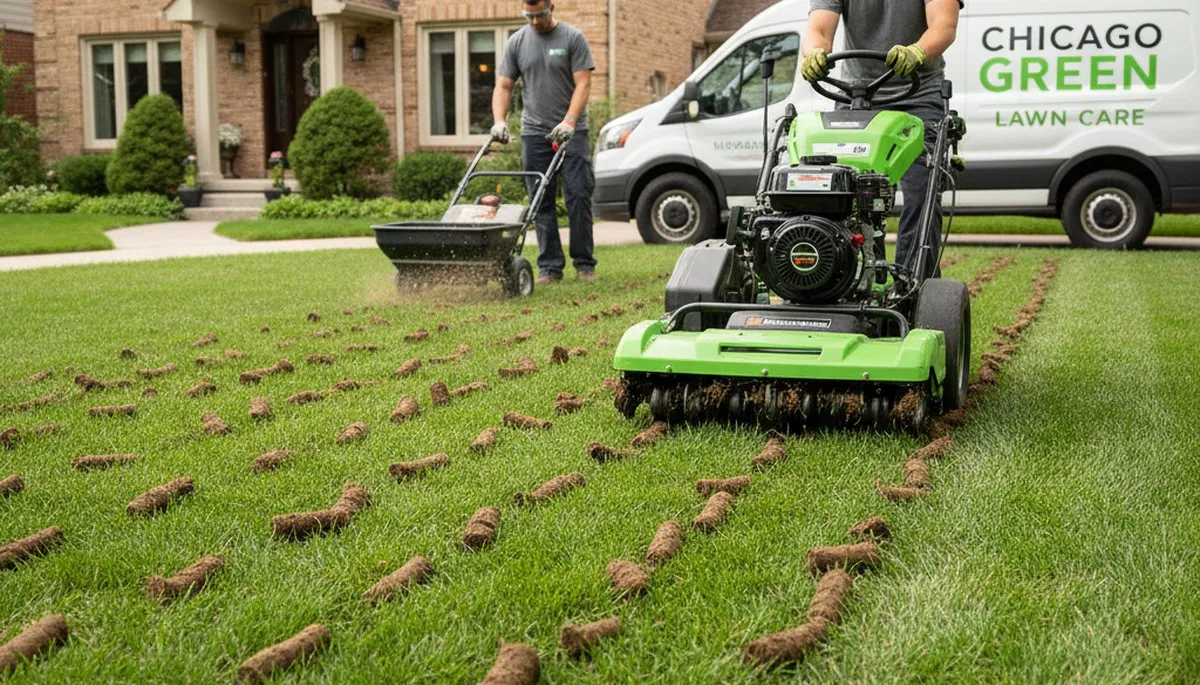 Core aeration machine improving residential lawn in Chicago, IL with soil plugs for healthier turf