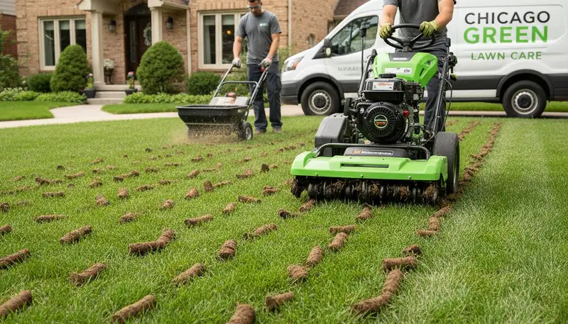 Core aeration machine improving residential lawn in Chicago, IL with soil plugs for healthier turf