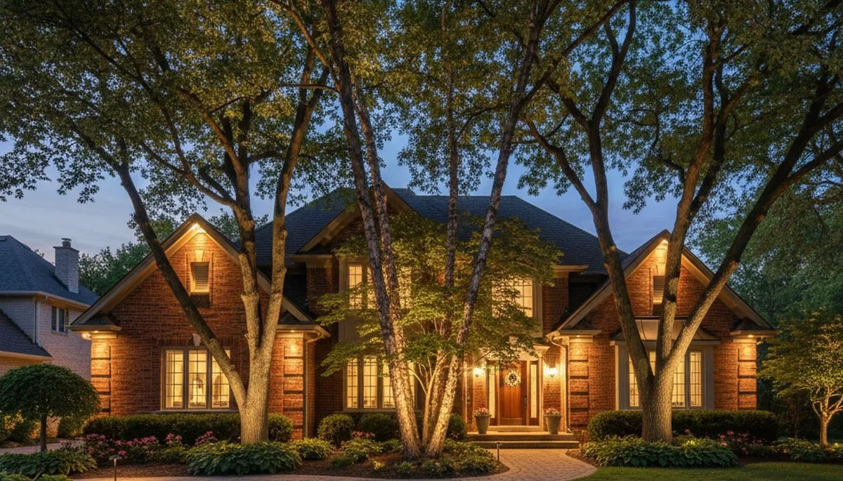 Dramatic tree uplighting showcasing professional landscape lighting design in Chicago, IL