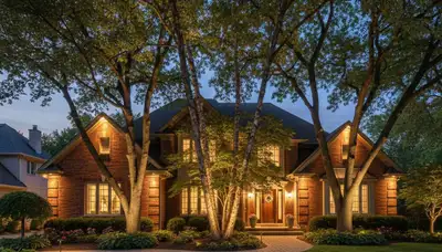 Dramatic tree uplighting showcasing professional landscape lighting design in Chicago, IL