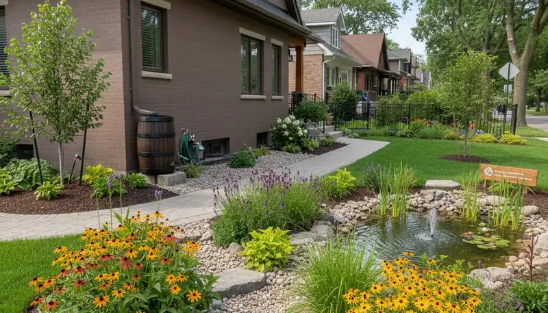 Eco-friendly rain garden water management system by organic landscapers in Chicago, IL