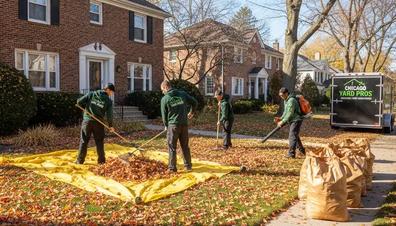 Landscapers raking and bagging fall leaves during yard cleanup at a Chicago, IL residential property