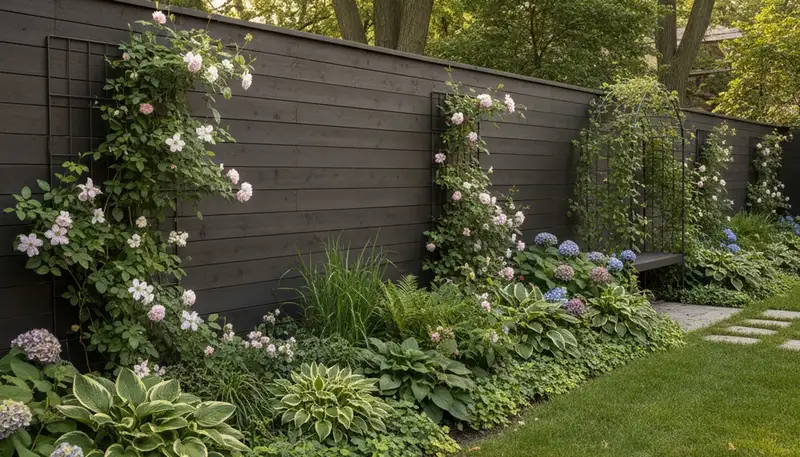 Fence with integrated landscape design and climbing plants by professional landscapers in Chicago, IL