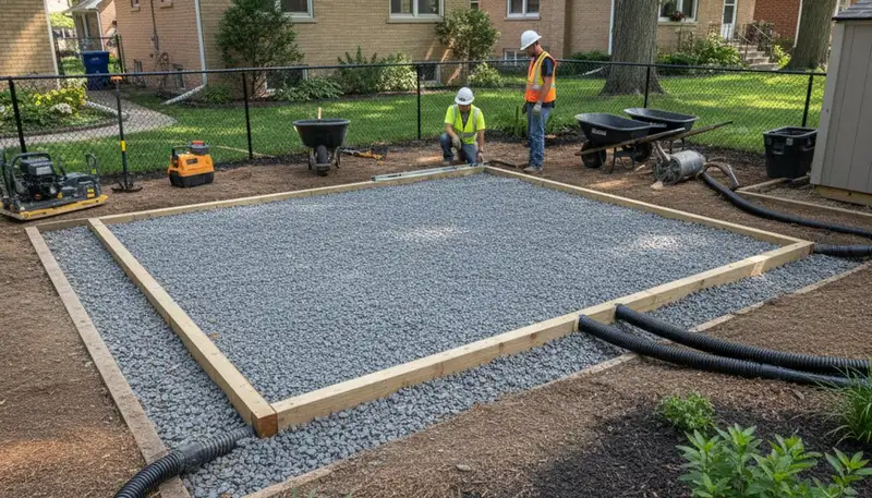 Professional shed base preparation with level gravel foundation in Chicago, IL landscaping project