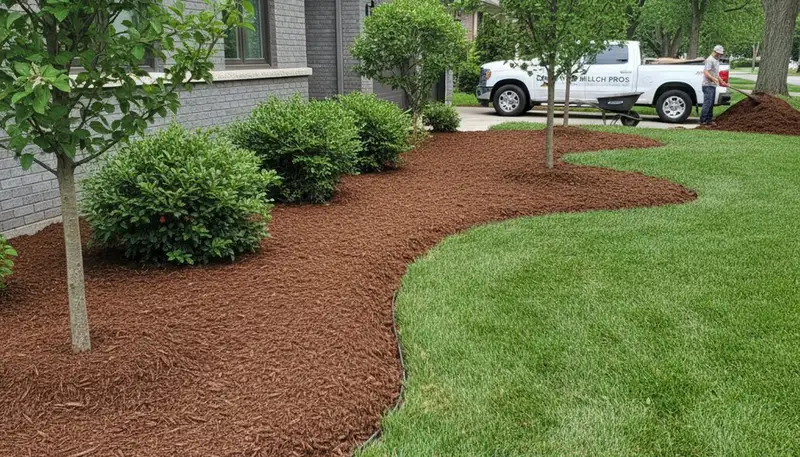 Freshly spread mulch beds by professional landscapers in Chicago, IL showcasing clean, even installation
