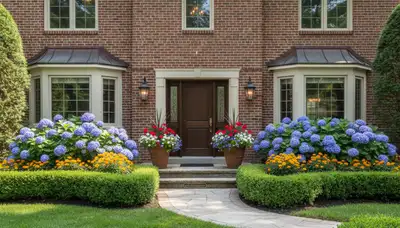 Front yard landscape design with colorful flowers and shaped shrubs by Chicago IL landscaping experts