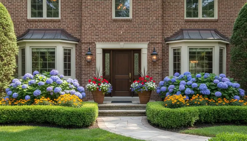 Front yard landscape design with colorful flowers and shaped shrubs by Chicago IL landscaping experts