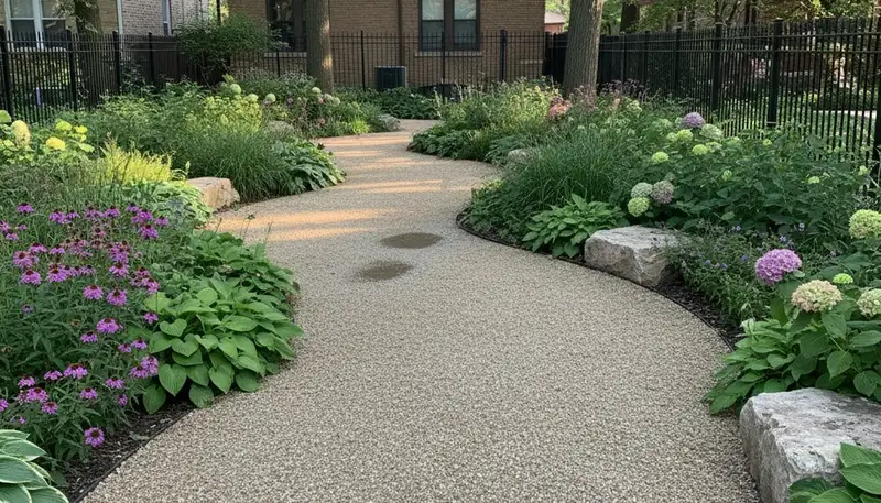 Pea gravel garden pathway with natural drainage in Chicago IL landscape by Chop Chop Landscaping