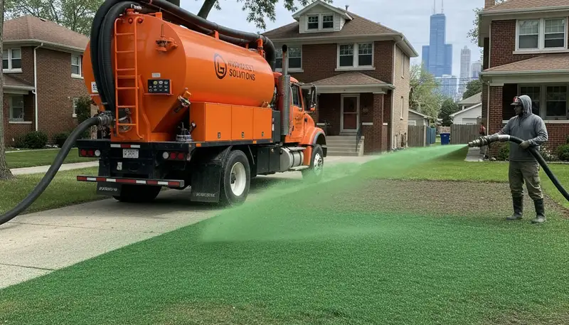 Hydroseeder truck spraying green slurry for residential lawn hydroseeding in Chicago, IL