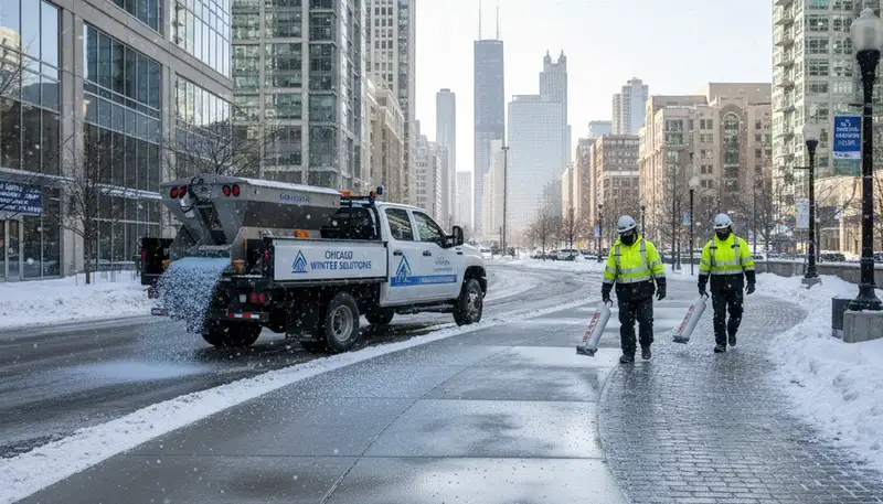 Professional de-icing and salt treatment for safe winter surfaces by landscapers in Chicago, IL