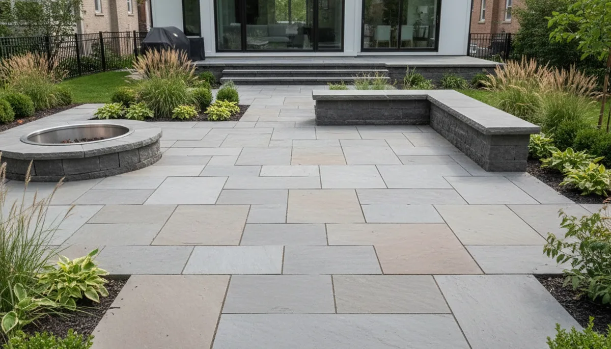 Modern large format stone slab patio installation by professional landscapers in Chicago, IL