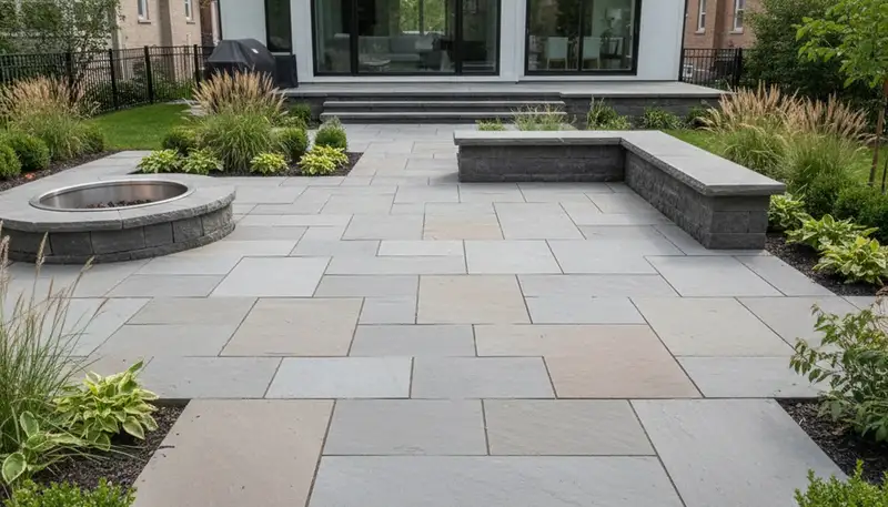 Modern large format stone slab patio installation by professional landscapers in Chicago, IL