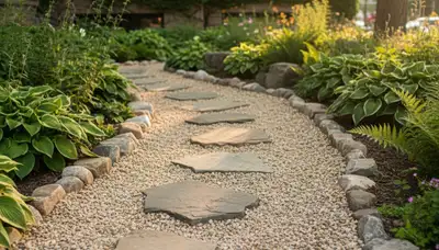 Mixed gravel and stone pathway with pea gravel and stepping stones by landscapers in Chicago, IL