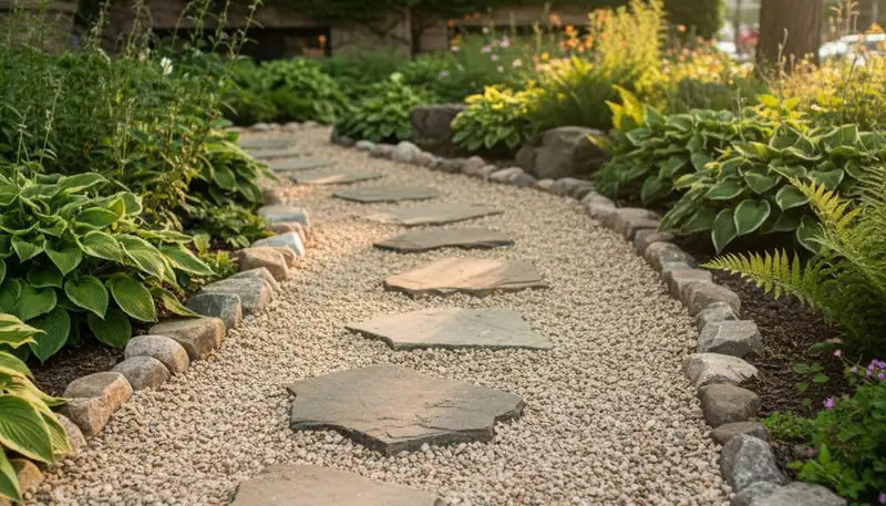 Mixed gravel and stone pathway with pea gravel and stepping stones by landscapers in Chicago, IL