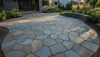 Flagstone patio with natural slate pavers by professional landscapers in Chicago, IL