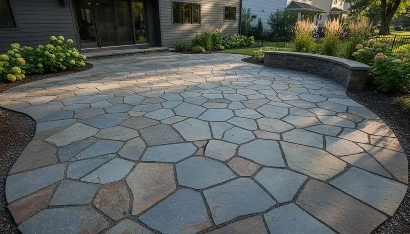 Flagstone patio with natural slate pavers by professional landscapers in Chicago, IL