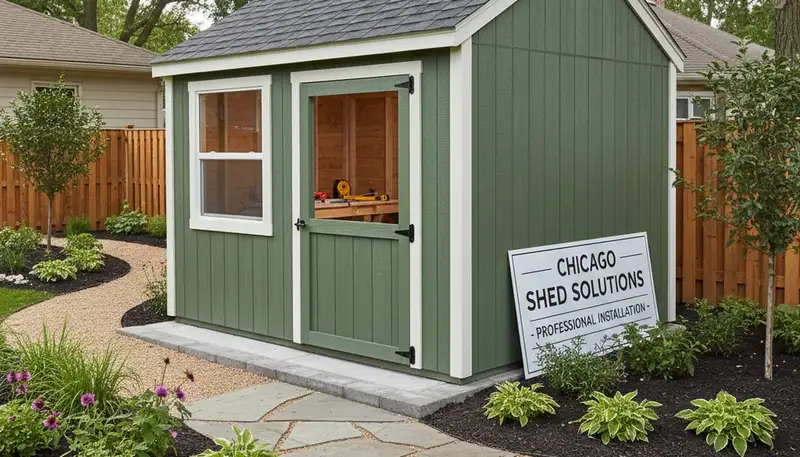 New backyard shed installation with solid foundation by Chop Chop Landscaping in Chicago, IL