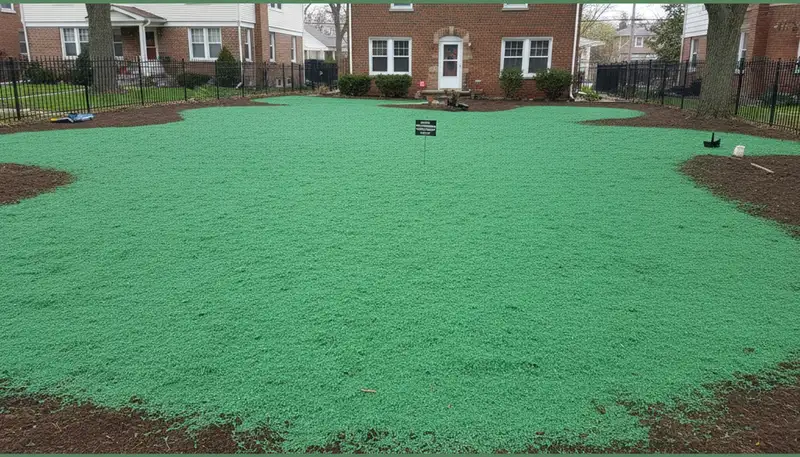 Freshly hydroseeded lawn in Chicago IL showing even green slurry coverage by Chop Chop Landscaping