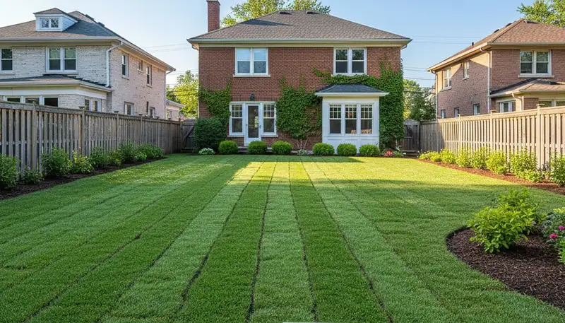 Freshly installed green sod lawn by professional landscapers in Chicago, IL showing vibrant turf results