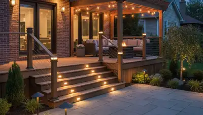 Evening deck and patio lighting design by Chicago IL landscapers enhancing outdoor living space