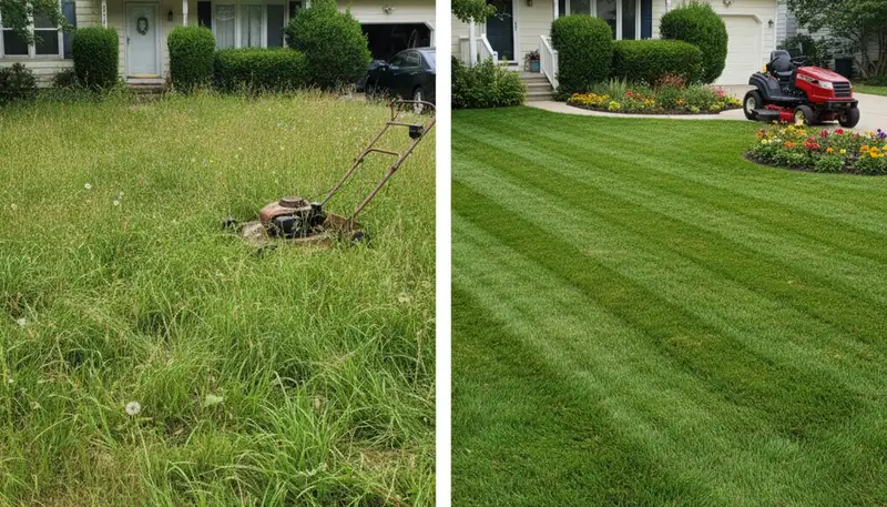 Before and after lawn mowing showing overgrown to trimmed yard by Chop Chop Landscaping in Chicago, IL