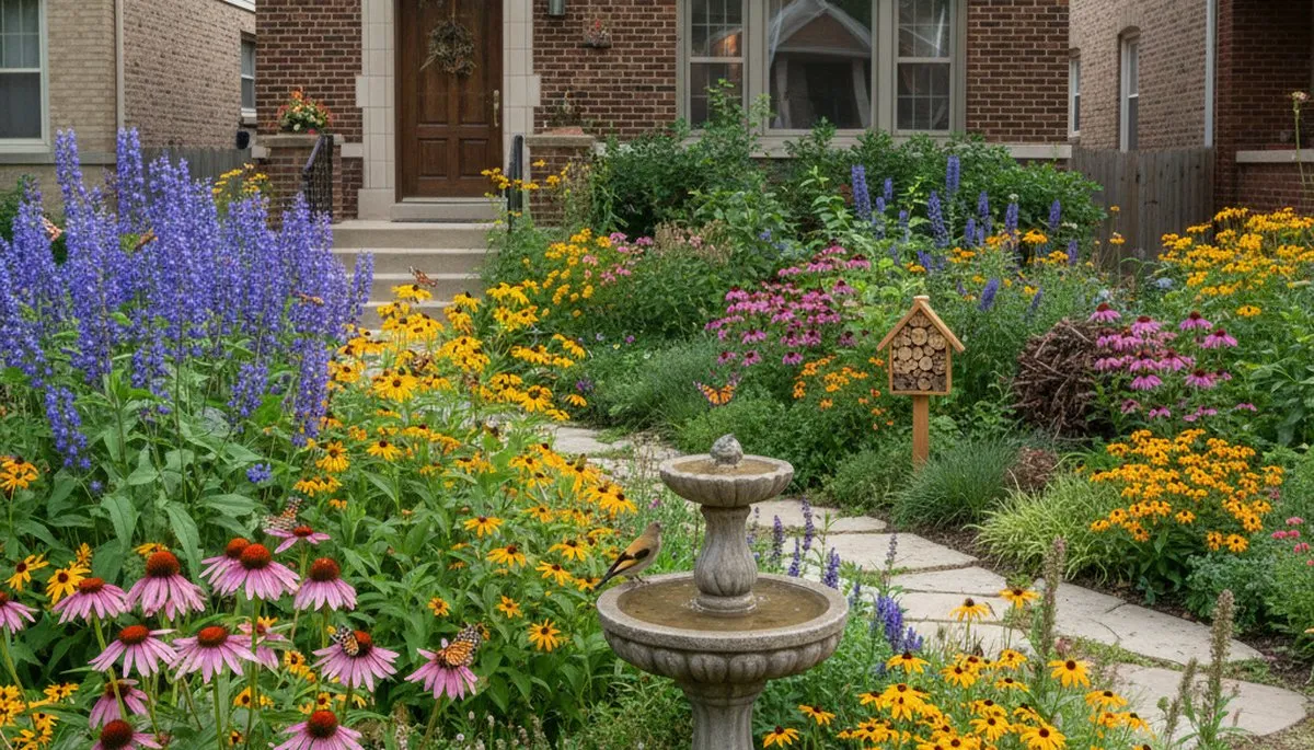 Pollinator-friendly native garden with organic landscaping and wildflowers in Chicago, IL