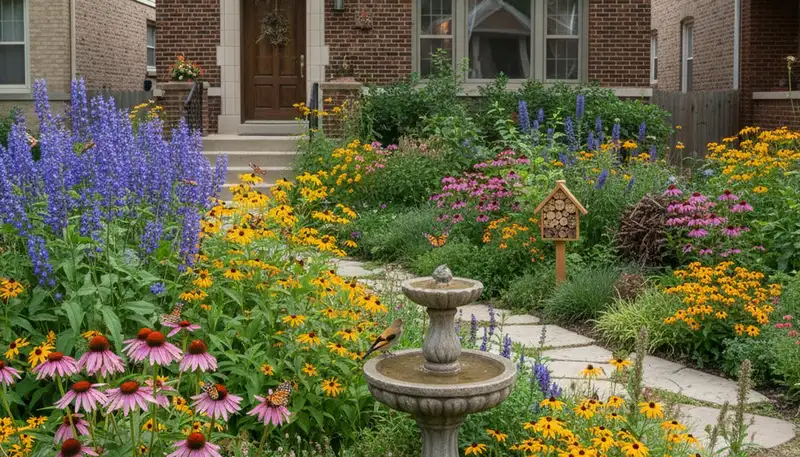 Pollinator-friendly native garden with organic landscaping and wildflowers in Chicago, IL