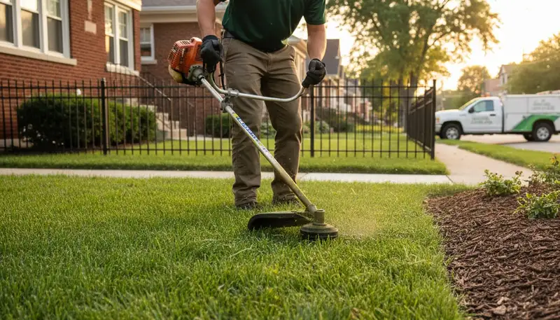 Technician performing precise lawn edging with string trimmer in Chicago, IL for Chop Chop Landscaping