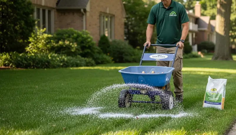 Lawn care technician applying fertilizer with spreader on residential yard in Chicago, IL