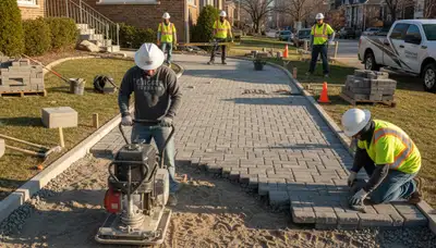 Professional crew installing driveway pavers in Chicago IL with precise base prep and leveling work