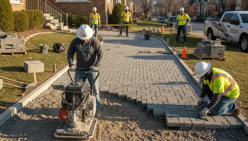 Professional crew installing driveway pavers in Chicago IL with precise base prep and leveling work