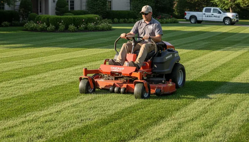 Professional lawn mowing with crisp edging and stripe patterns on a Chicago, IL residential yard