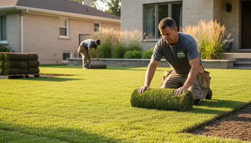 Professional landscaper installing sod rolls with precision in Chicago, IL for Chop Chop Landscaping