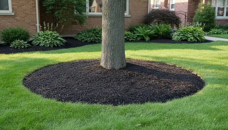 Professional circular tree mulch ring installation by landscapers in Chicago, IL