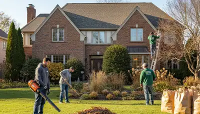 Landscapers performing seasonal leaf and debris cleanup on a Chicago IL residential property
