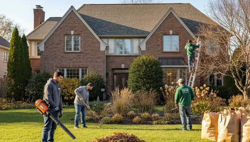 Landscapers performing seasonal leaf and debris cleanup on a Chicago IL residential property