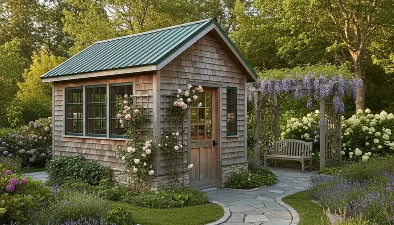 Custom landscaped shed installation with pathway and plantings in Chicago, IL yard by Chop Chop Landscaping
