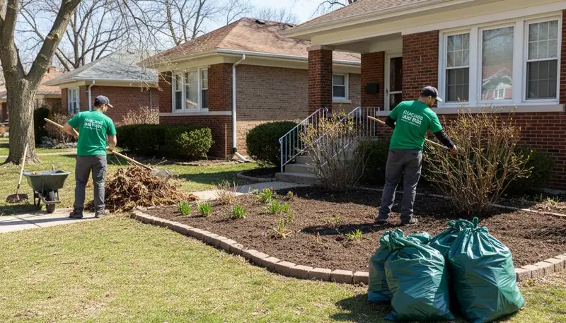 Spring yard cleanup and garden bed pruning by professional landscapers in Chicago, IL