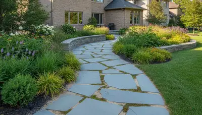 Curved stone paver walkway installed by professional landscapers in Chicago, IL residential yard