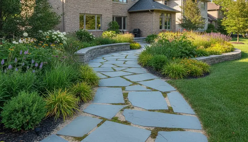 Curved stone paver walkway installed by professional landscapers in Chicago, IL residential yard