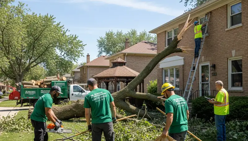 Crew clearing storm debris and fallen branches from residential yard in Chicago, IL after severe weather
