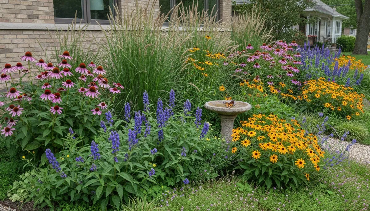 Sustainable native plant garden with drought-tolerant landscaping in Chicago, IL