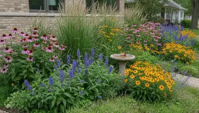 Sustainable native plant garden with drought-tolerant landscaping in Chicago, IL